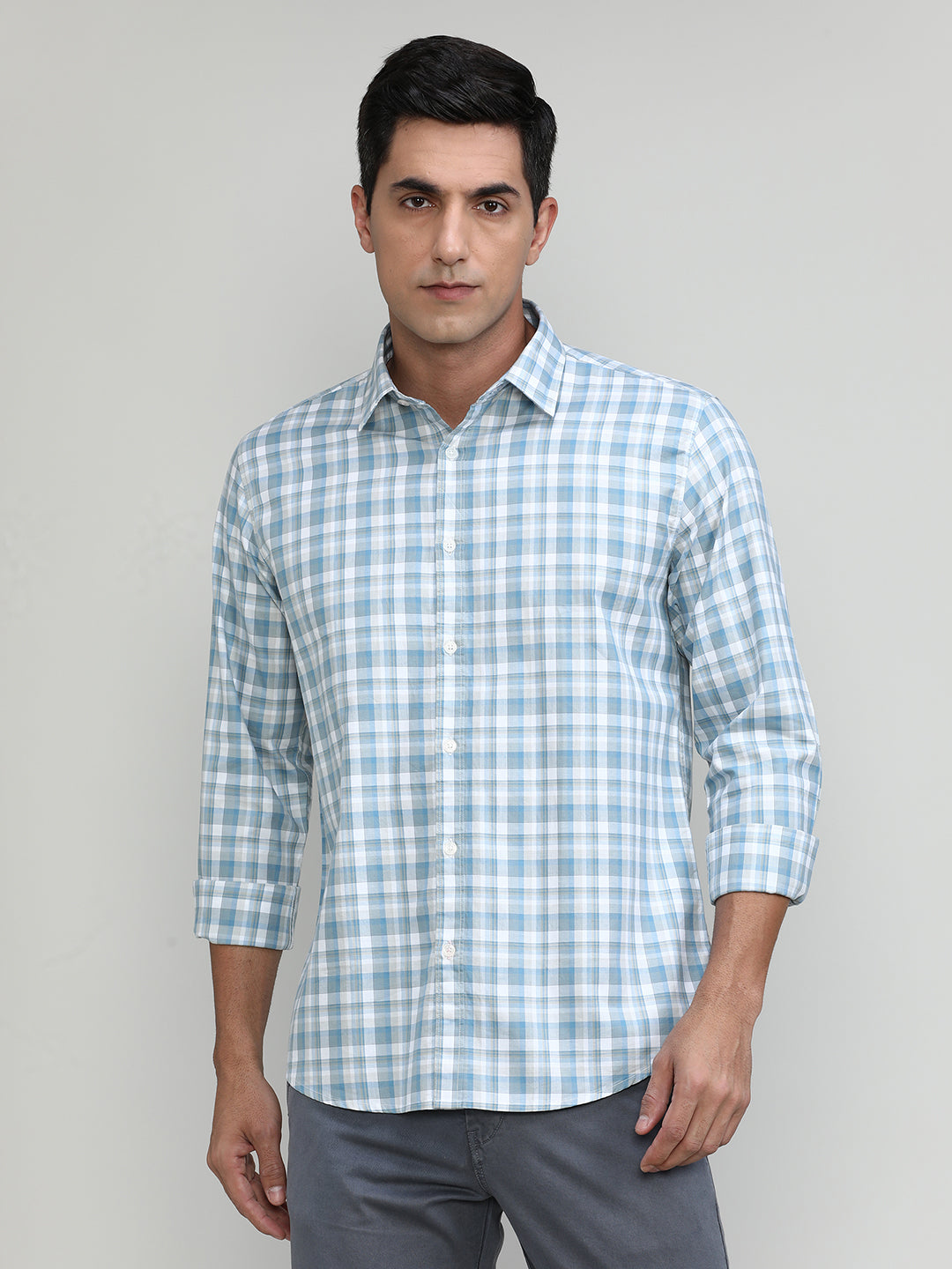 Exclusive Purple Collection Water Blue Slim Fit Premuim Cotton Checks Shirt
