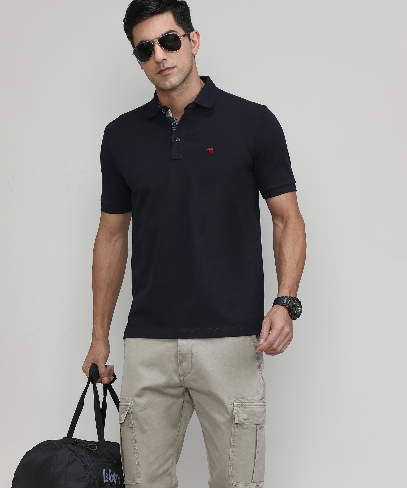 Navy Pique Cotton Lycra Solid Polo T-shirt