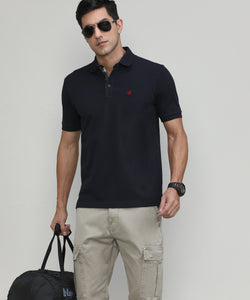Navy Pique Cotton Lycra Solid Polo T-shirt