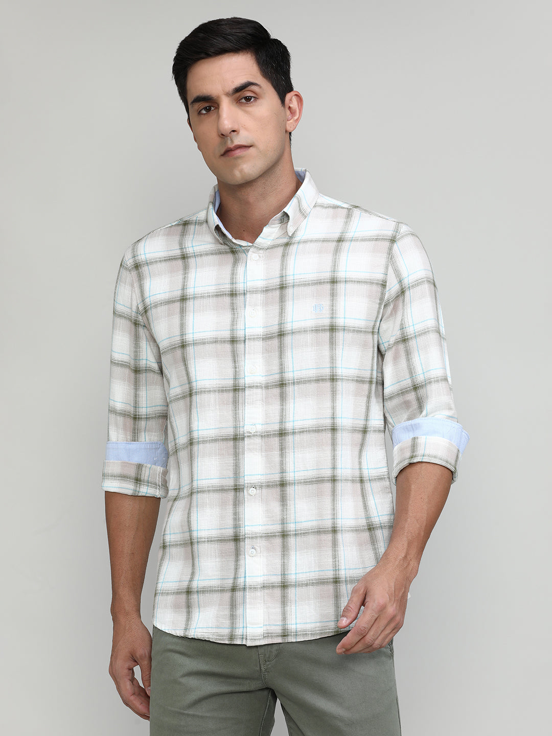 Beige Slim Fit Premuim Cotton Checks Shirt With Button Down Collar