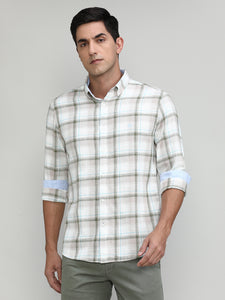 Beige Slim Fit Premuim Cotton Checks Shirt With Button Down Collar