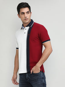 Ecru Pique Cotton Lycra Stripes Polo T-shirt