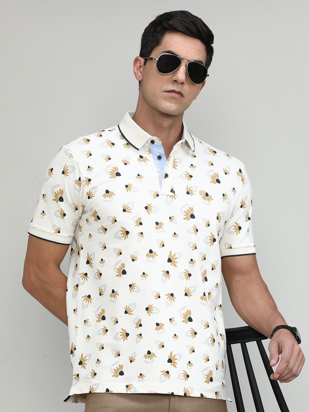 Butter Cream Pique Cotton Lycra Printed Polo T-shirt
