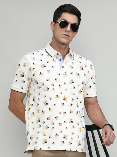 Butter Cream Pique Cotton Lycra Printed Polo T-shirt