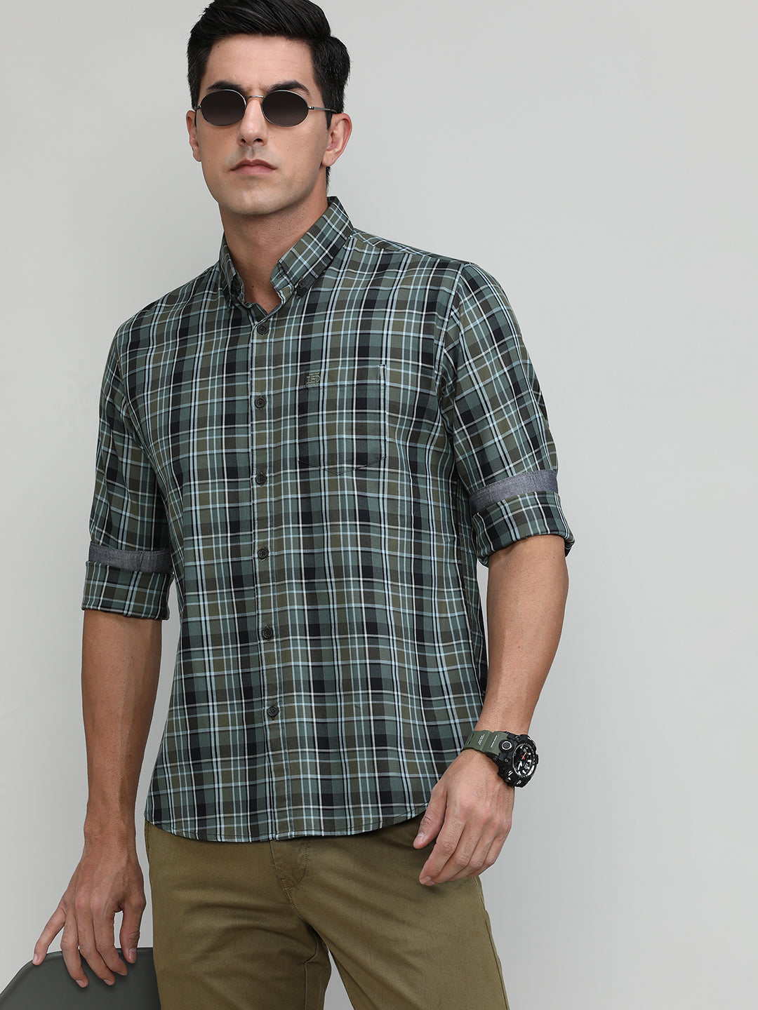 Lake Green Slim Fit Premuim Cotton Checks Shirt With Button Down Collar & Pocket