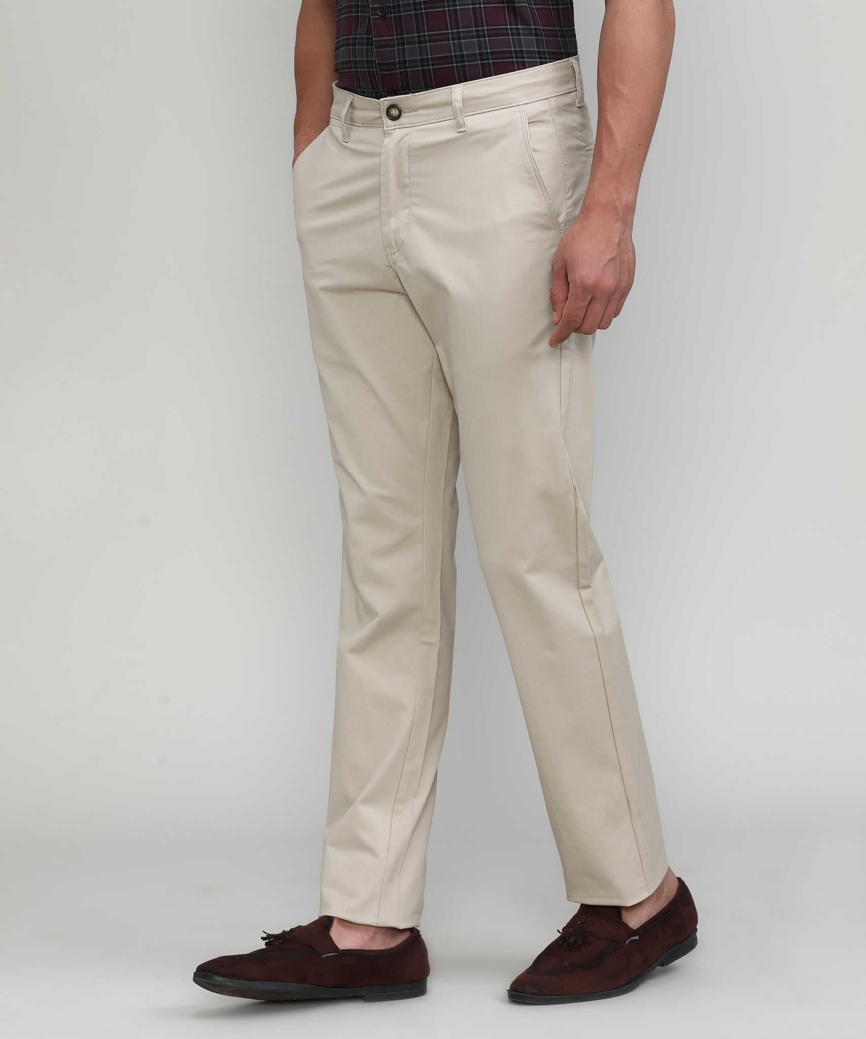 Light Khaki Cotton Trousers Slim Tapered Fit
