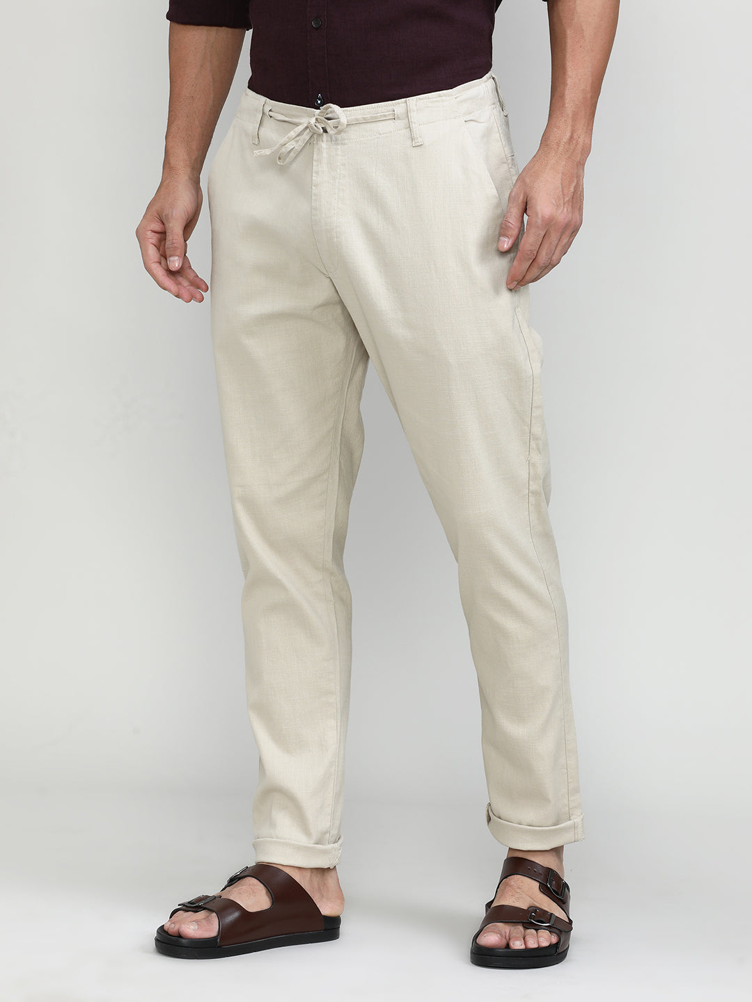 Sand Cotton Travel Trousers Slim Tapered Fit