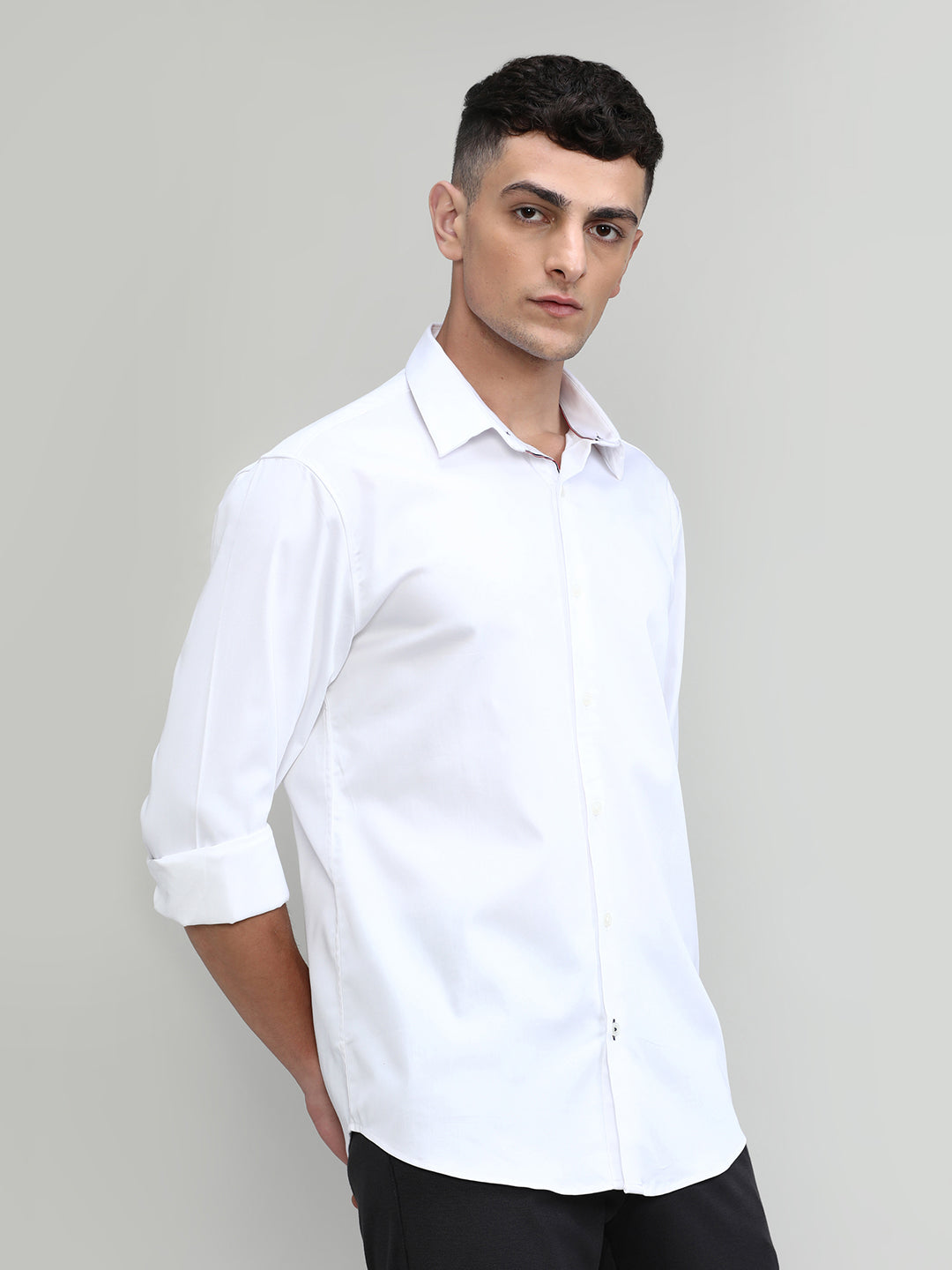 White Slim Fit Premium Satin Cotton Lycra Solid Shirt-SS25