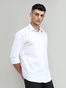 White Slim Fit Premium Satin Cotton Lycra Solid Shirt-SS25
