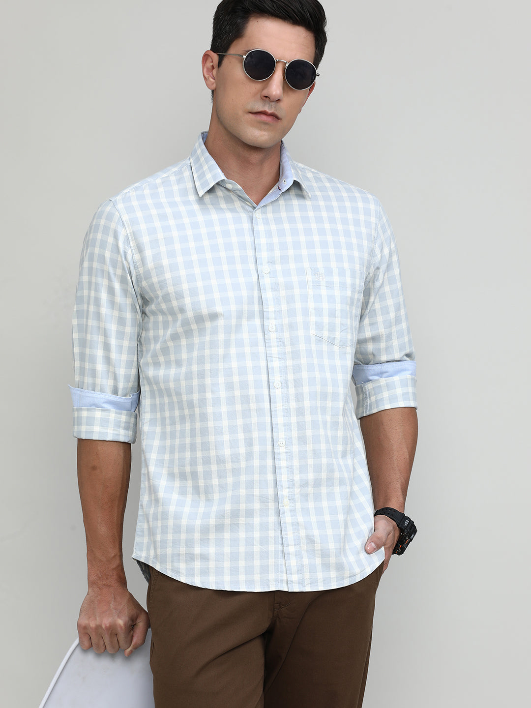 Heather Grey Slim Fit Premuim Cotton Checks Shirt With Bone Collar & Pocket
