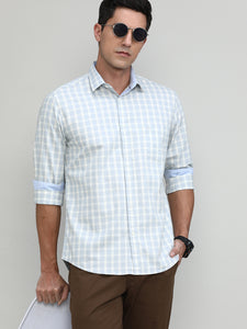 Heather Grey Slim Fit Premuim Cotton Checks Shirt With Bone Collar & Pocket
