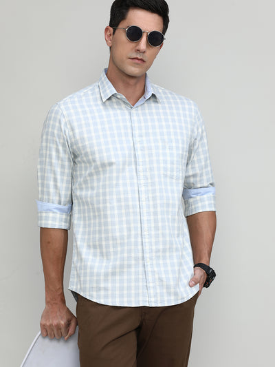 Heather Grey Slim Fit Premuim Cotton Checks Shirt With Bone Collar & Pocket