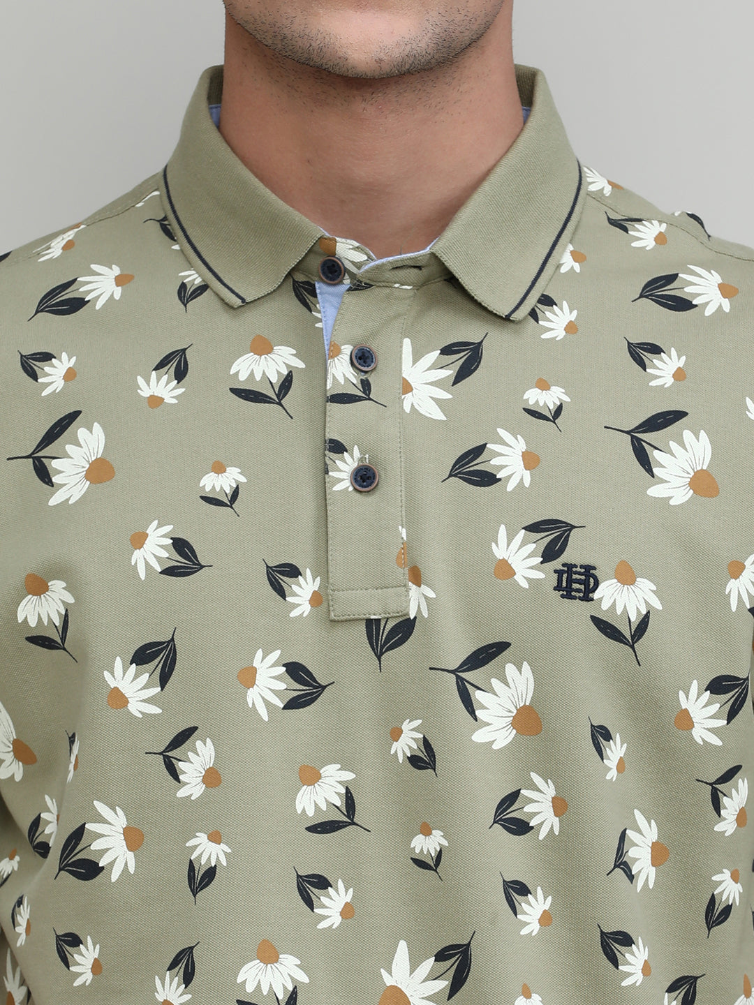 Olive Pique Cotton Lycra Printed Polo T-shirt