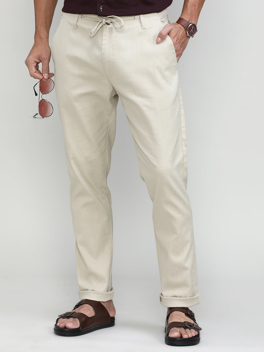 Sand Cotton Travel Trousers Slim Tapered Fit