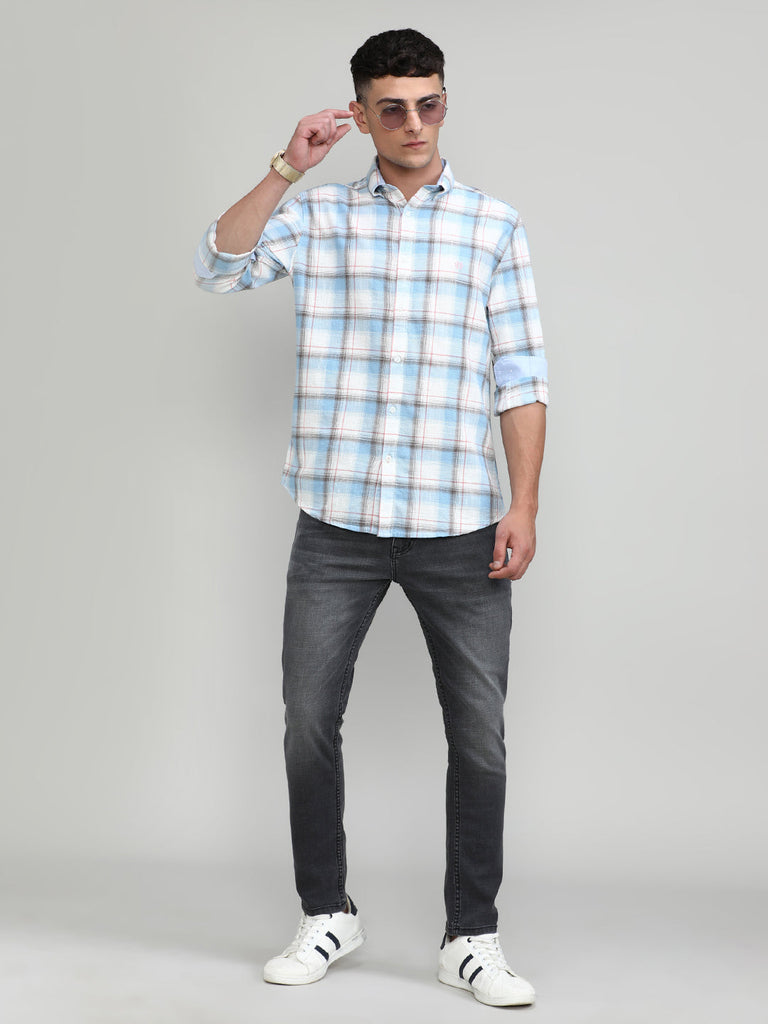 Sky Slim Fit Premuim Cotton Button Down Collar Checks Shirt
