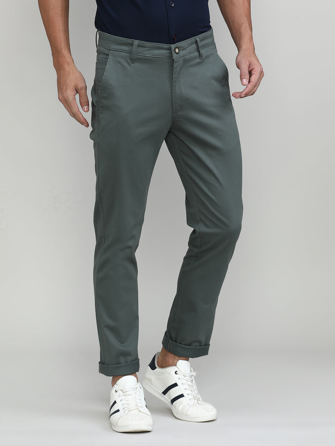 Lake Green Cotton Trousers Slim Tapered Fit