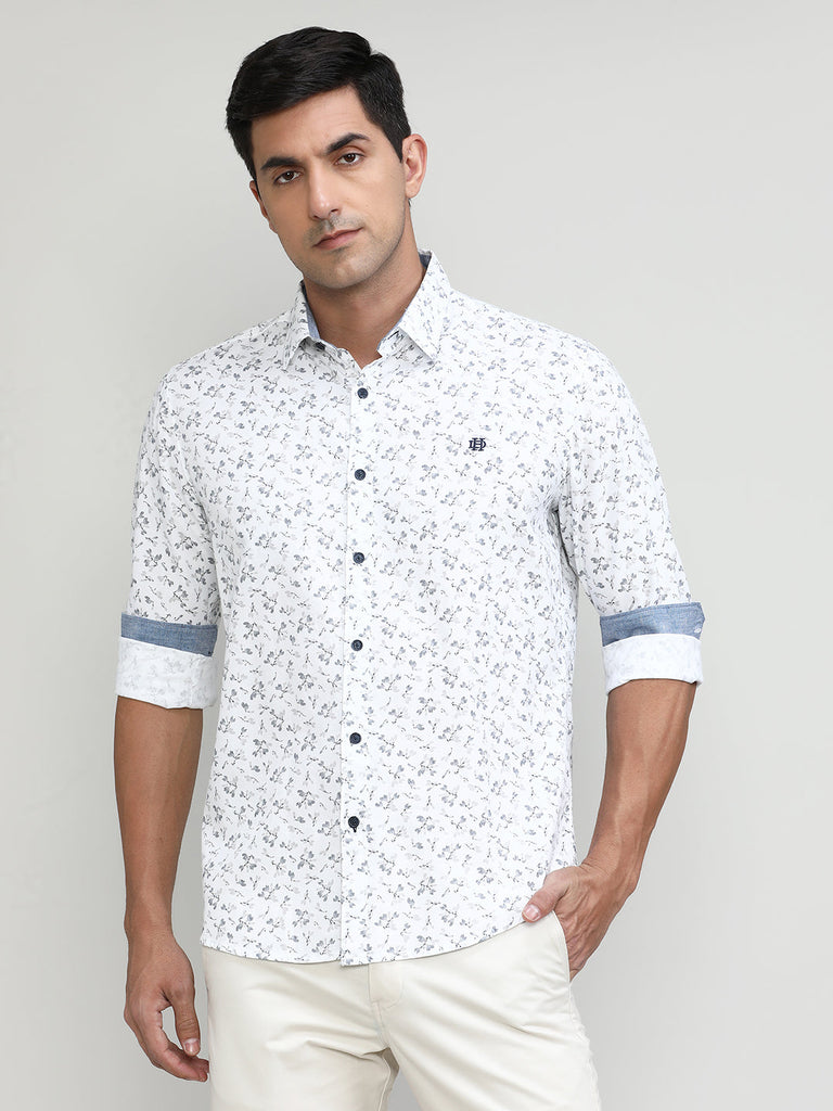 White Slim Fit Premium Cotton Printed Shirt With Pocket