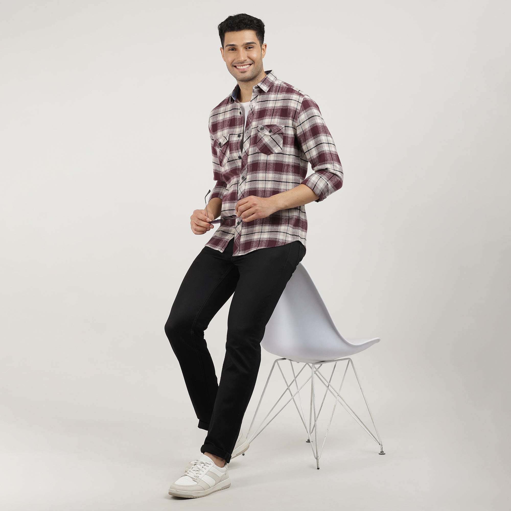 Wine Brushed Checks Shirt With Double Pocket