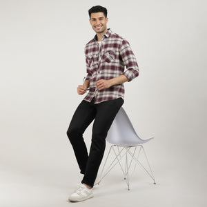 Wine Brushed Checks Shirt With Double Pocket