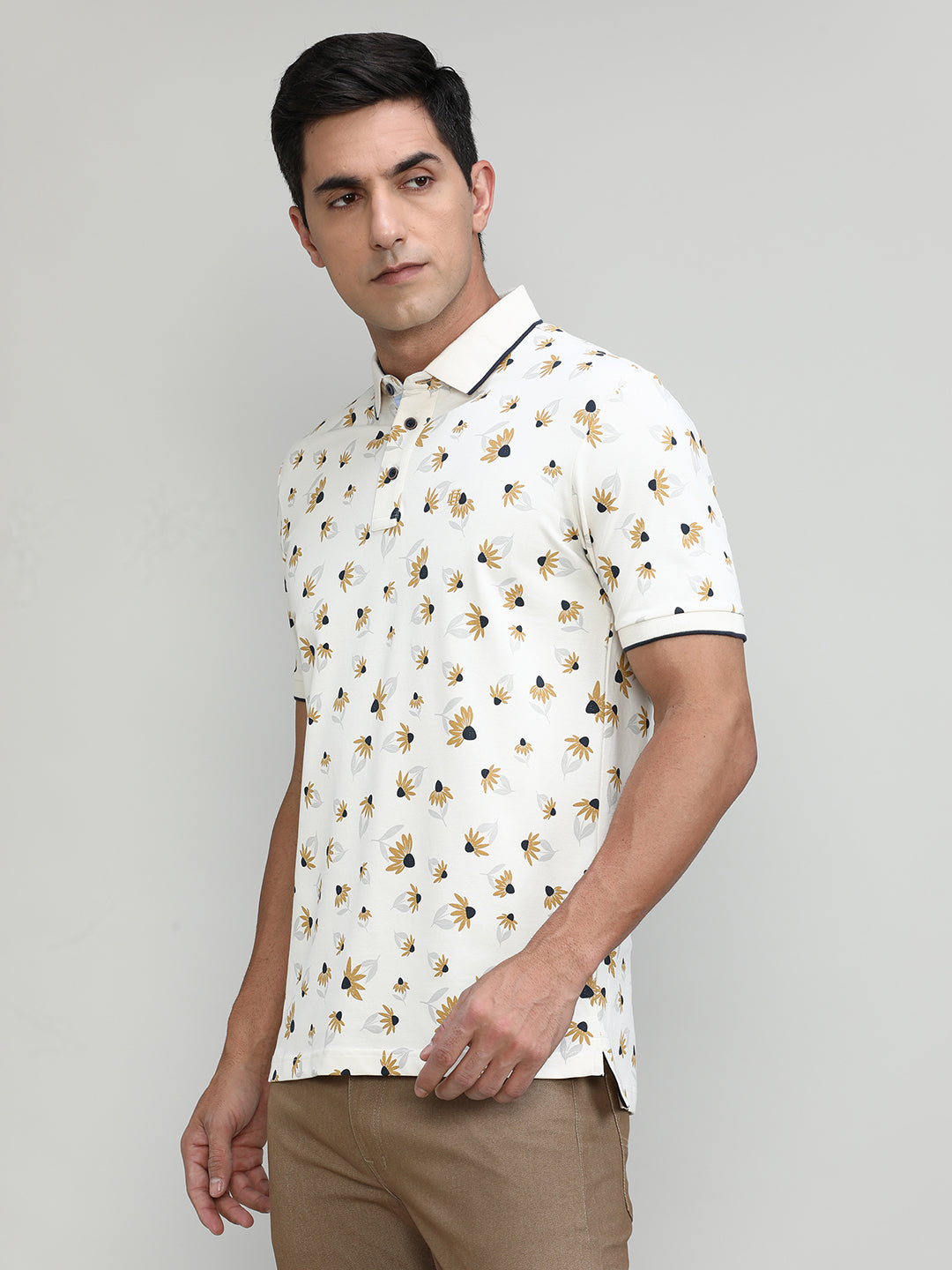 Butter Cream Pique Cotton Lycra Printed Polo T-shirt