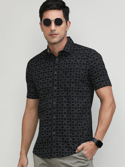 Black Slim Fit Premuim Cotton Printed Shirt With Regular Collar & Pocket