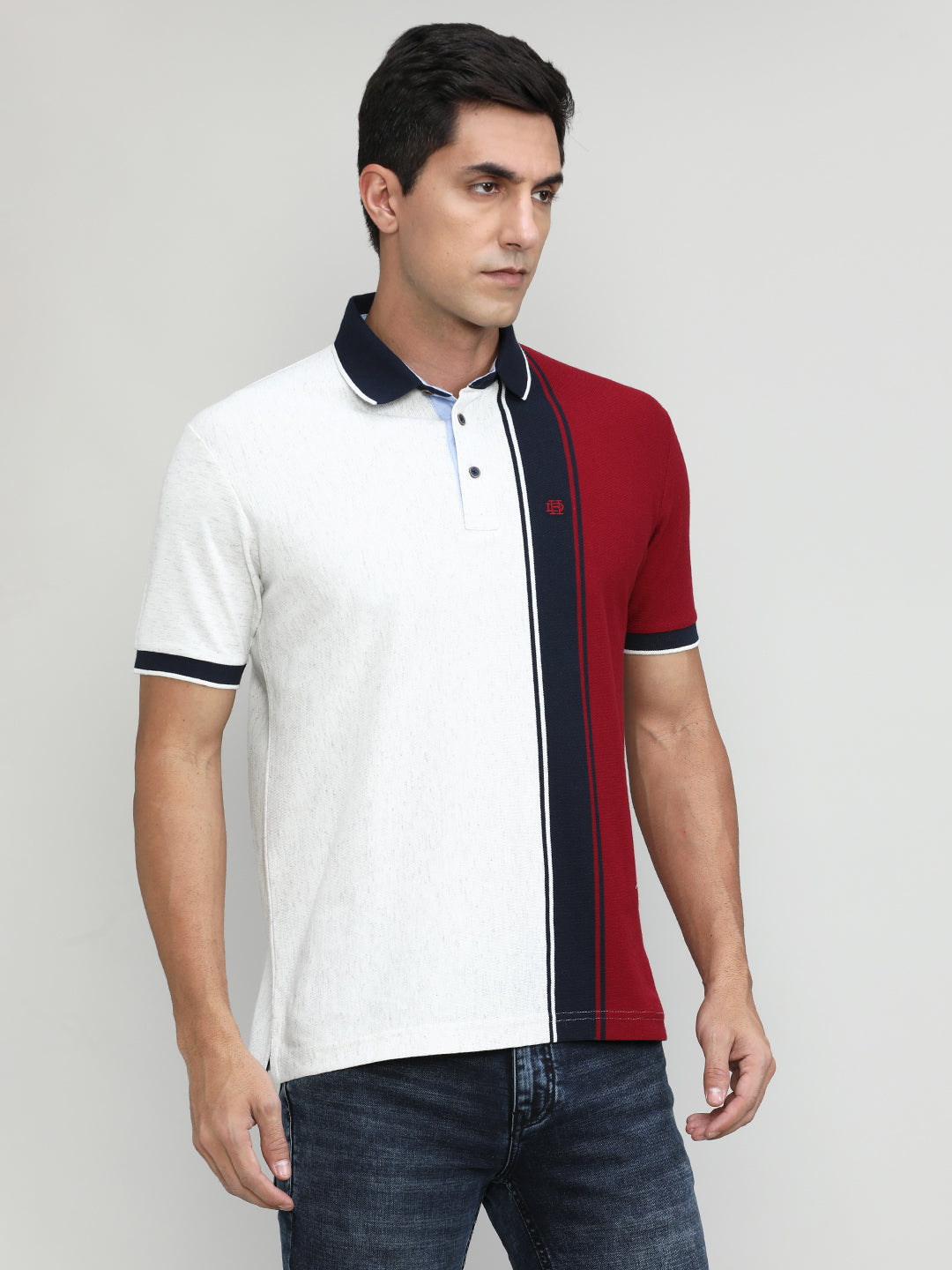 Ecru Pique Cotton Lycra Stripes Polo T-shirt