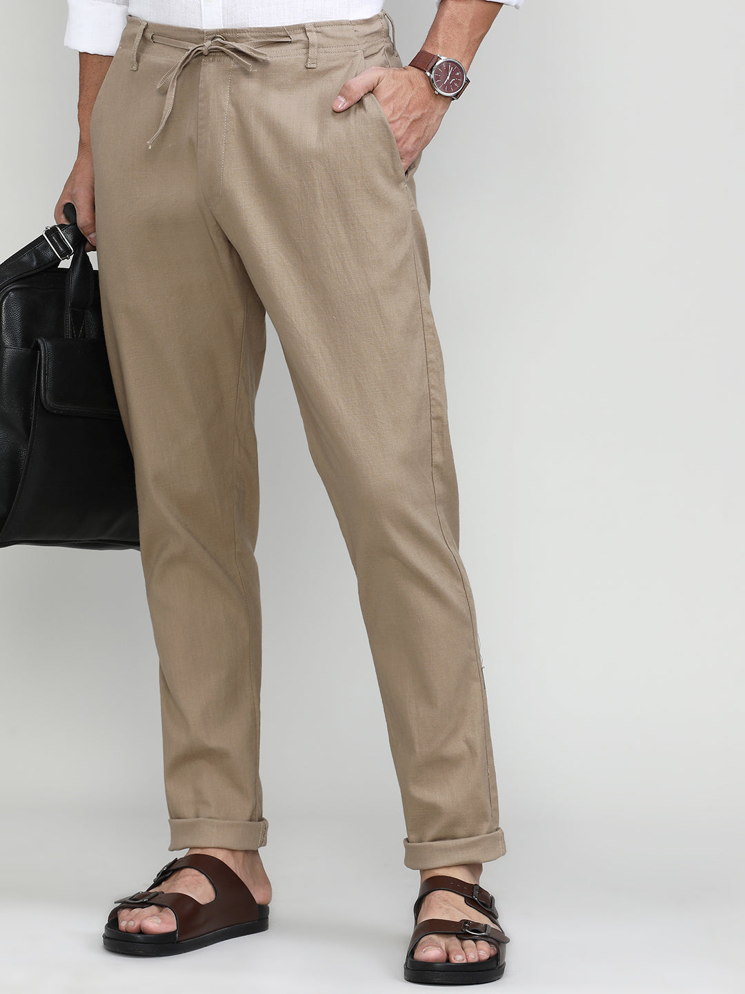 Khaki Cotton Travel Trousers Slim Tapered Fit