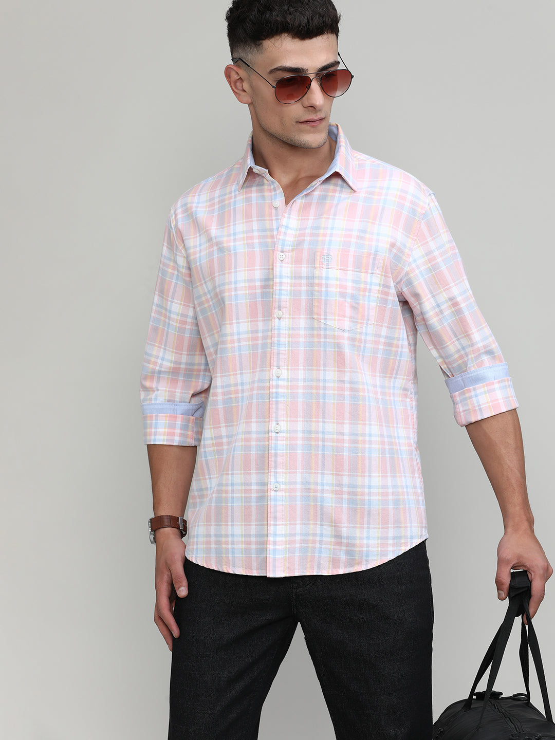 Pink Shade Slim Fit Premuim Cotton Checks Shirt With Regular Pocket-SS25