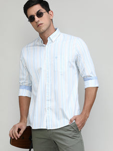Fern Green Slim Fit Premuim Cotton Stripes Shirt With Bone Collar