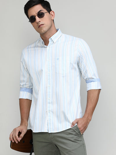 Fern Green Slim Fit Premuim Cotton Stripes Shirt With Bone Collar
