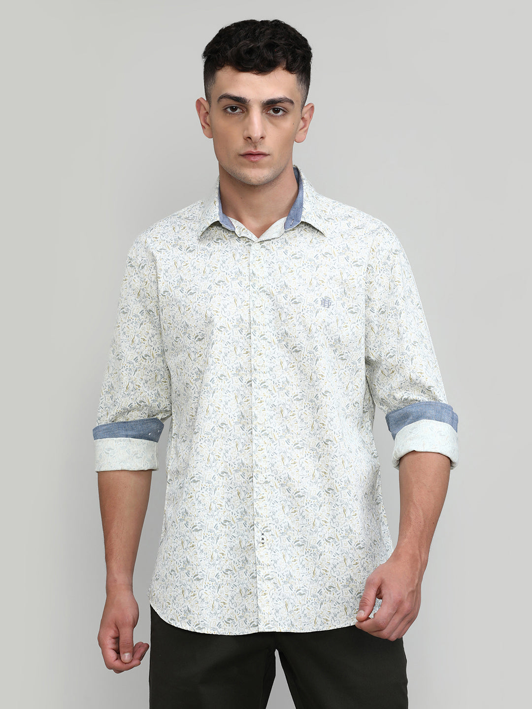Beige Slim Fit Premium Cotton Printed Shirt
