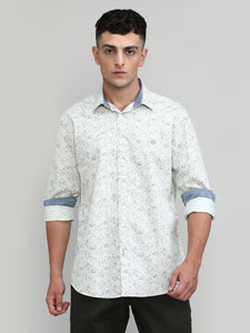 Beige Slim Fit Premium Cotton Printed Shirt
