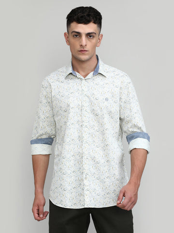 Beige Slim Fit Premium Cotton Printed Shirt