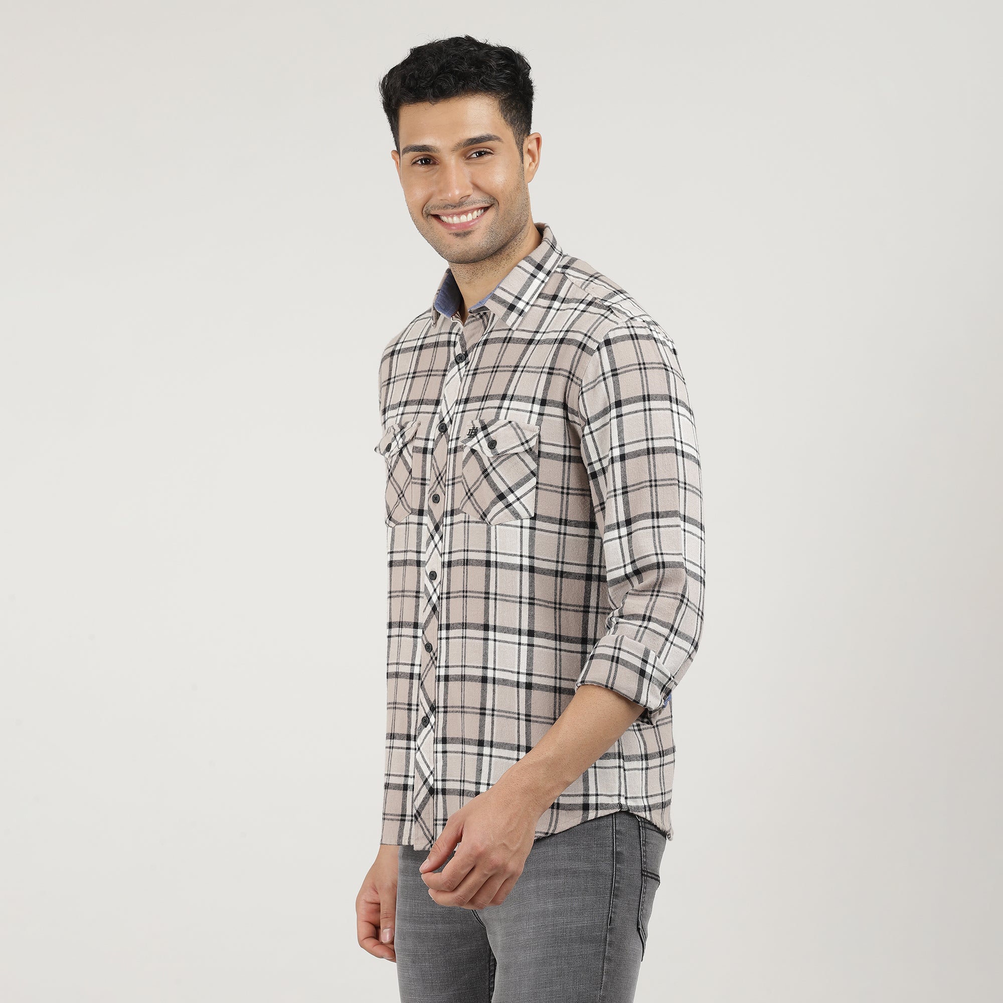 Biscoff Brushed Checks Shirt With Double Pocket