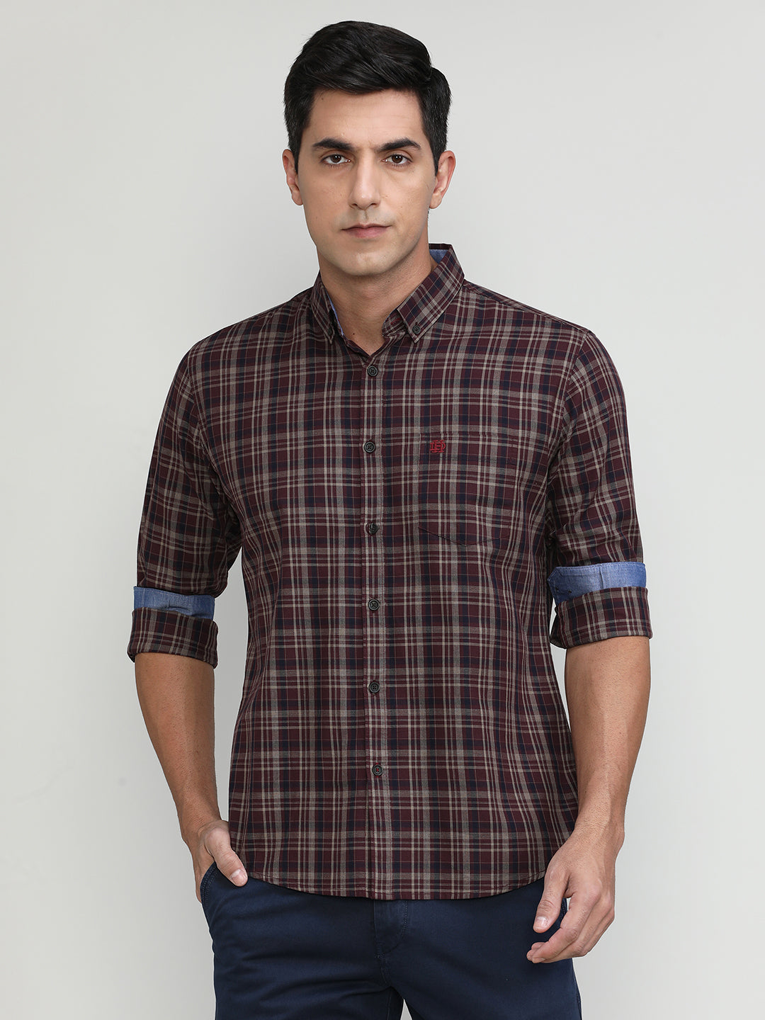 Maroon Slim Fit Premuim Cotton Checks Shirt With Button Down Collar & Pocket