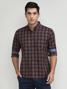 Maroon Slim Fit Premuim Cotton Checks Shirt With Button Down Collar & Pocket