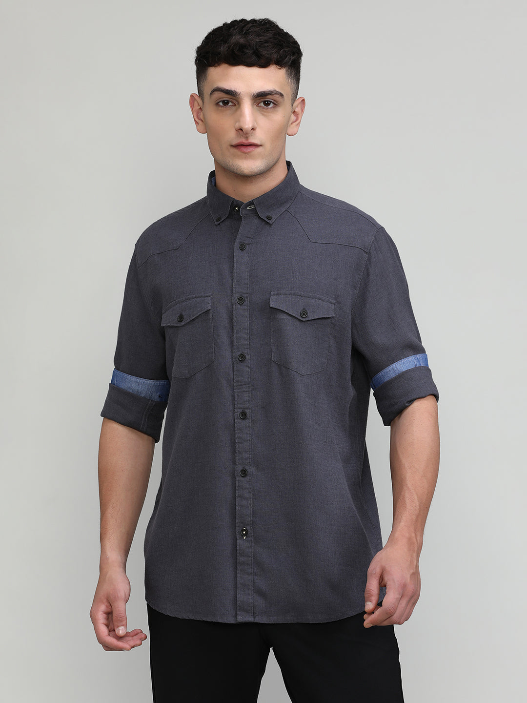 Elephant Slim Fit Premium Cotton Lycra Solid Shirt With Pocket