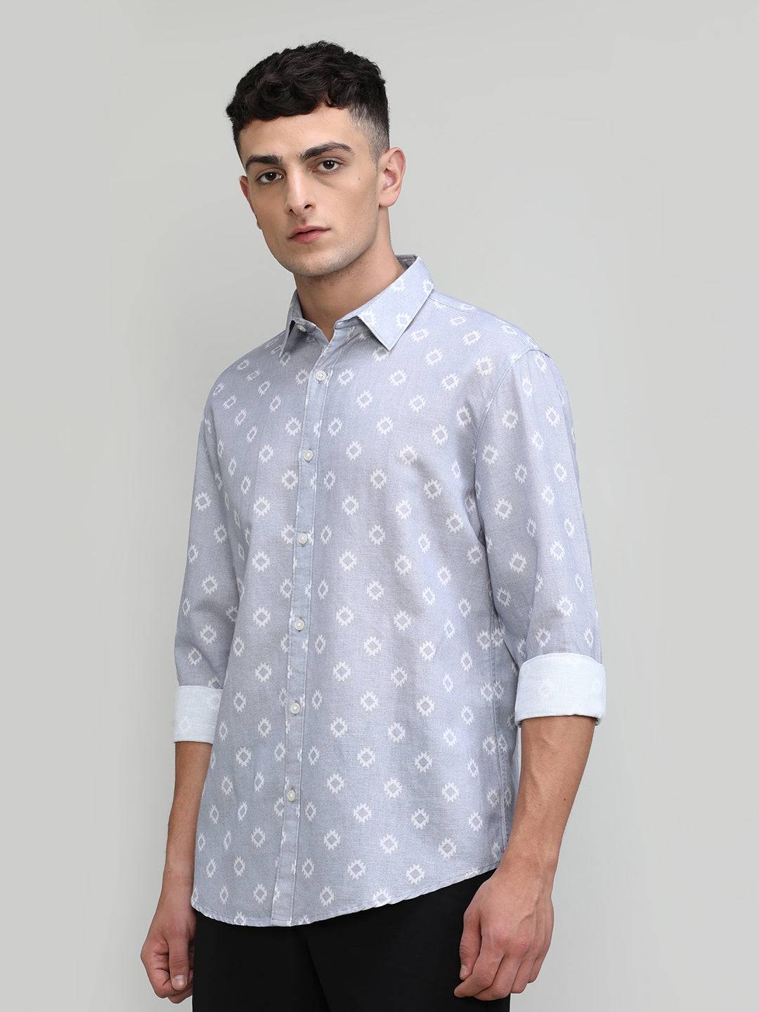 Exclusive Purple Collection Light Grey Slim Fit Printed Premium Cotton Linen Shirt