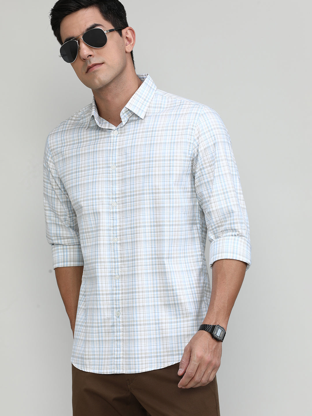 Sky Slim Fit Premuim Cotton Checks Shirt With Button Down Collar & Pocket