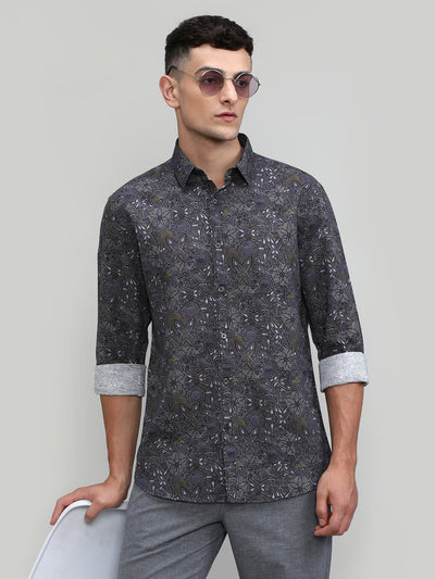 Exclusive Purple Collection Dark Olive Slim Fit Printed Premium Cotton Linen Shirt