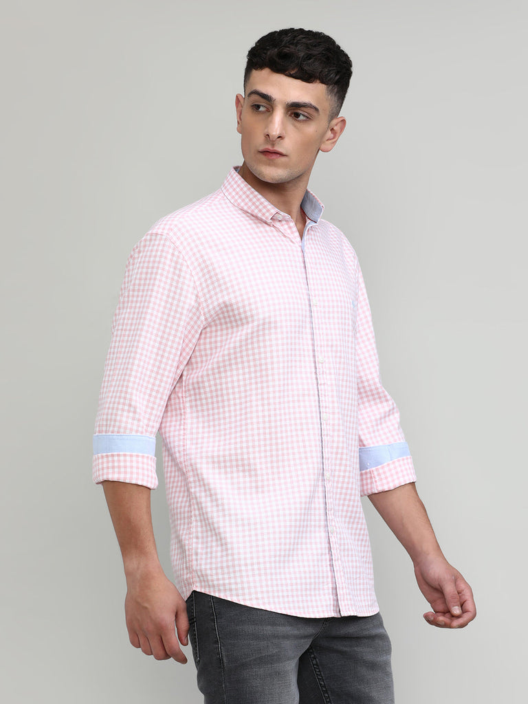 Pink Slim Fit Premuim Cotton Button Down Collar Checks Shirt