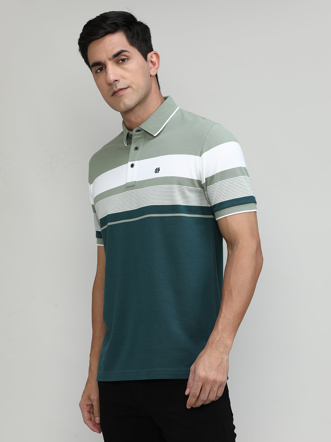 Olive Pique Cotton Lycra Stripes Polo T-shirt