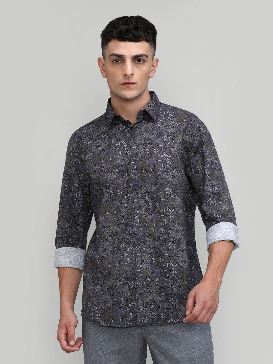 Exclusive Purple Collection Dark Olive Slim Fit Printed Premium Cotton Linen Shirt