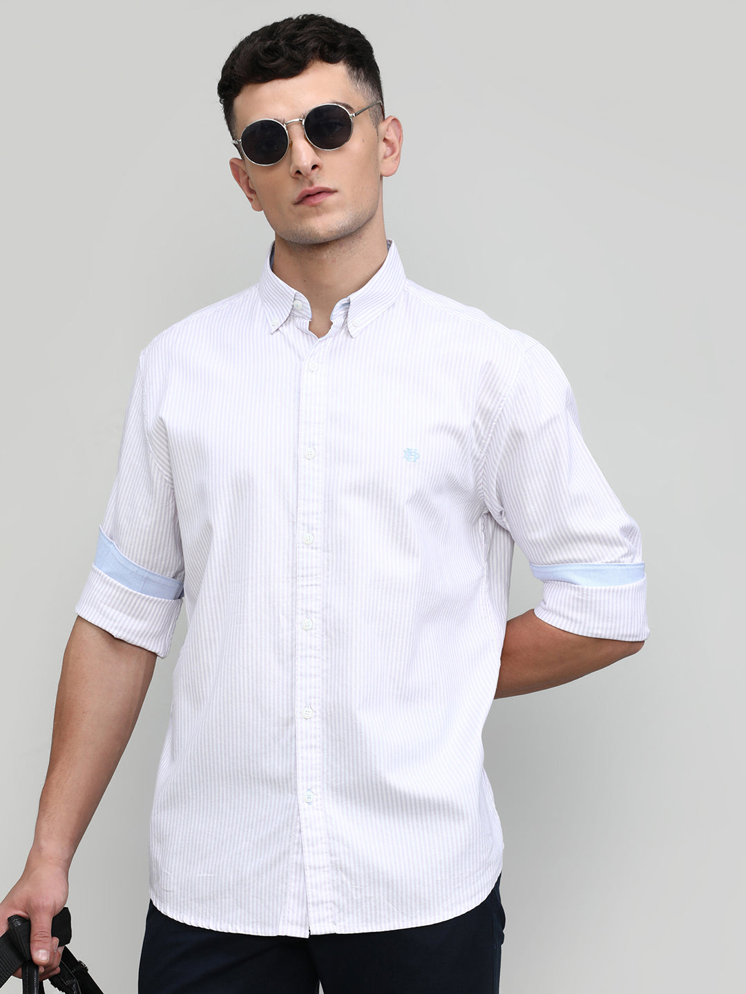 Lilac Slim Fit Premuim Cotton Stripes Shirt With Button Down Collar