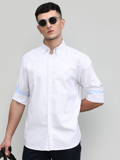 Lilac Slim Fit Premuim Cotton Stripes Shirt With Button Down Collar