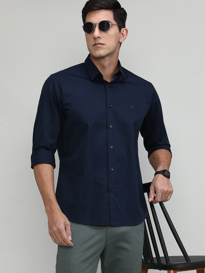 Navy Slim Fit Premuim Cotton Solid Shirt With Bone Collar