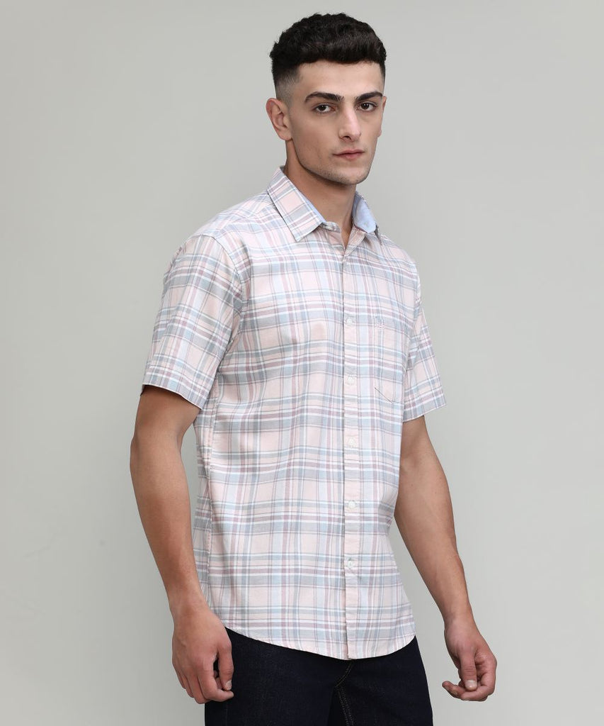 Peach Slim Fit Premuim Cotton Checks Shirt With Pocket