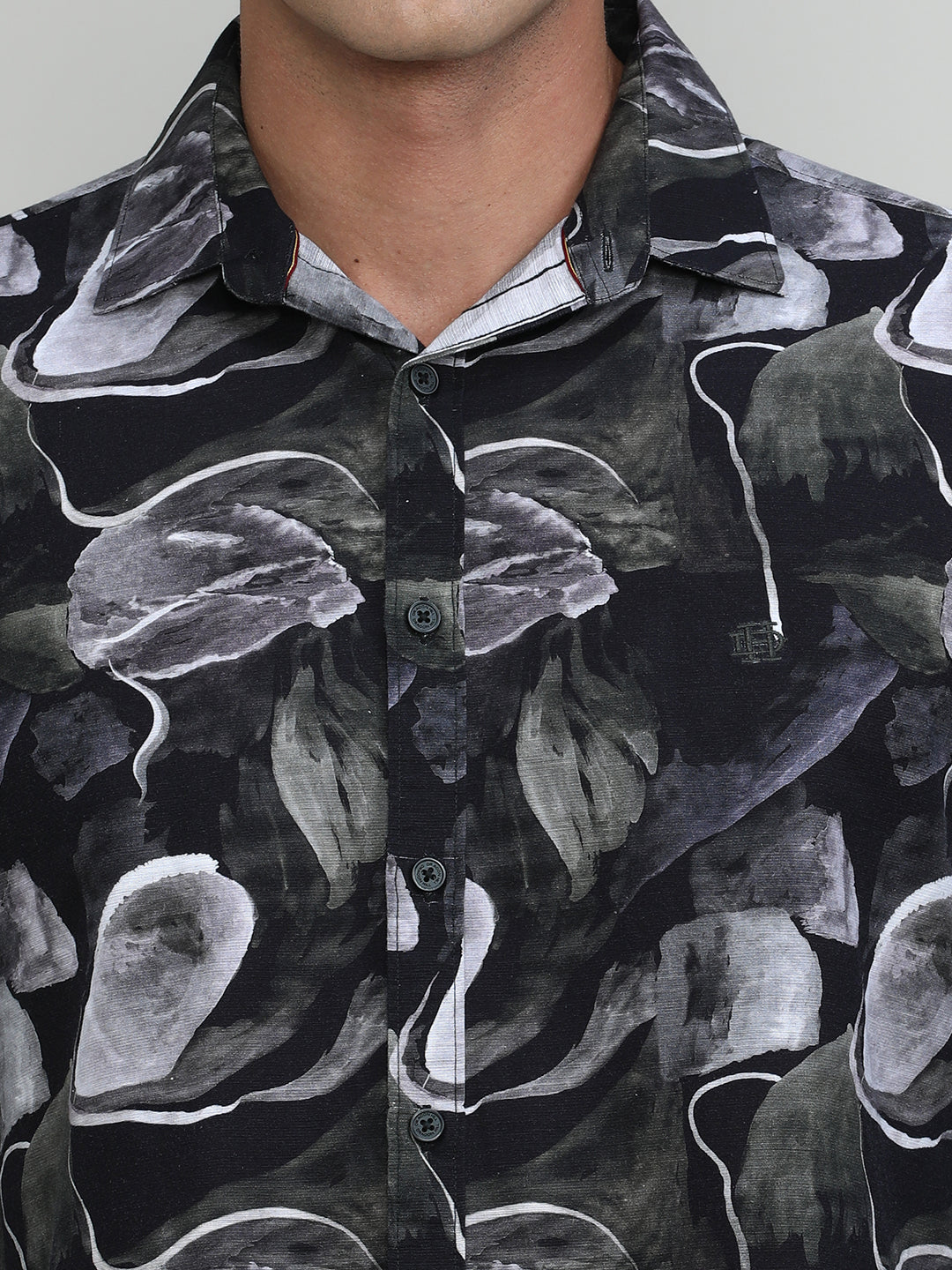 Black Slim Fit Premuim Cotton Printed Shirt With Bone Collar