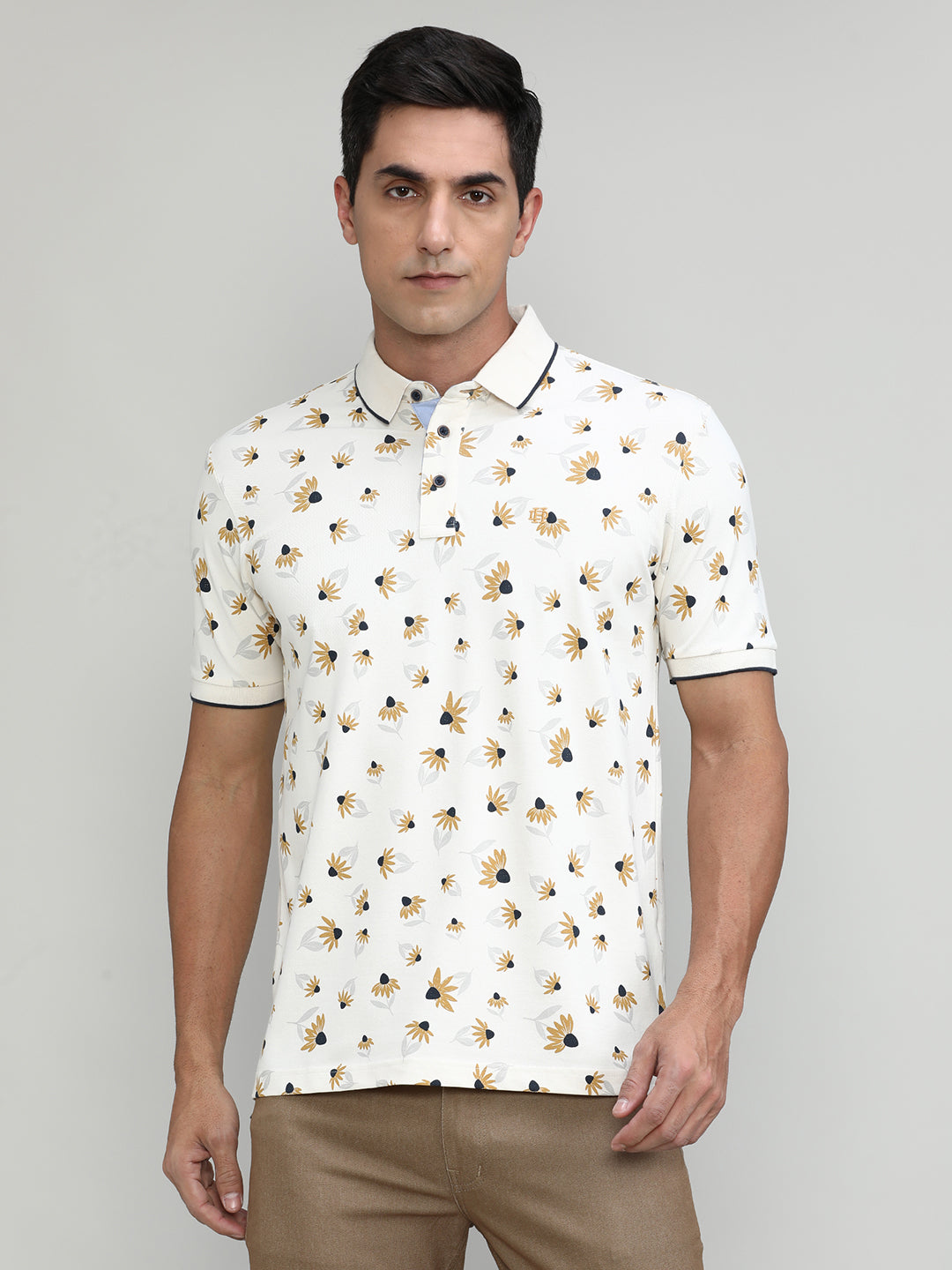 Butter Cream Pique Cotton Lycra Printed Polo T-shirt