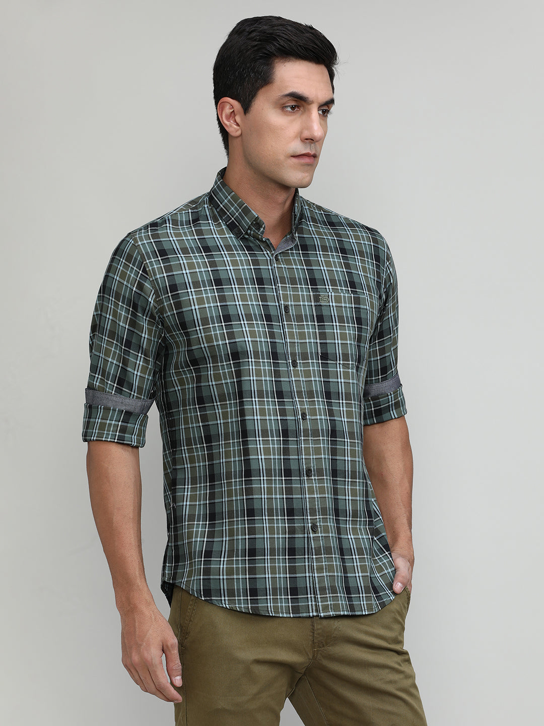 Lake Green Slim Fit Premuim Cotton Checks Shirt With Button Down Collar & Pocket